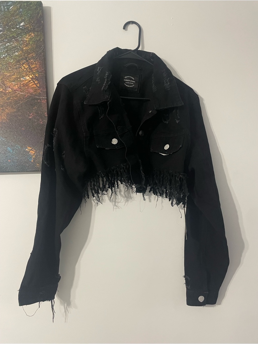 Women Cropped Black Distressed Jean Jacket with Frayed Hem